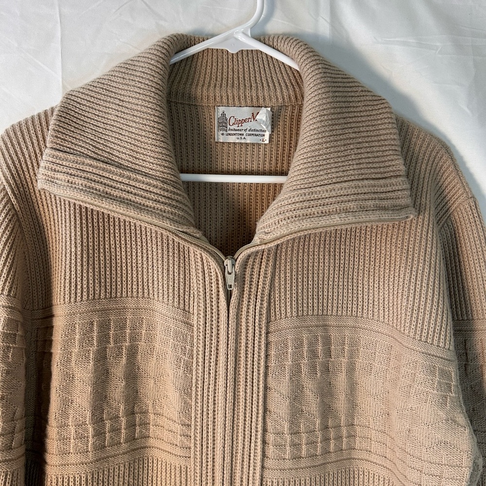 Vintage Men’s Clipper Mist tan zip up knit‎ cardigan sweater Size Large - Picture 3 of 11